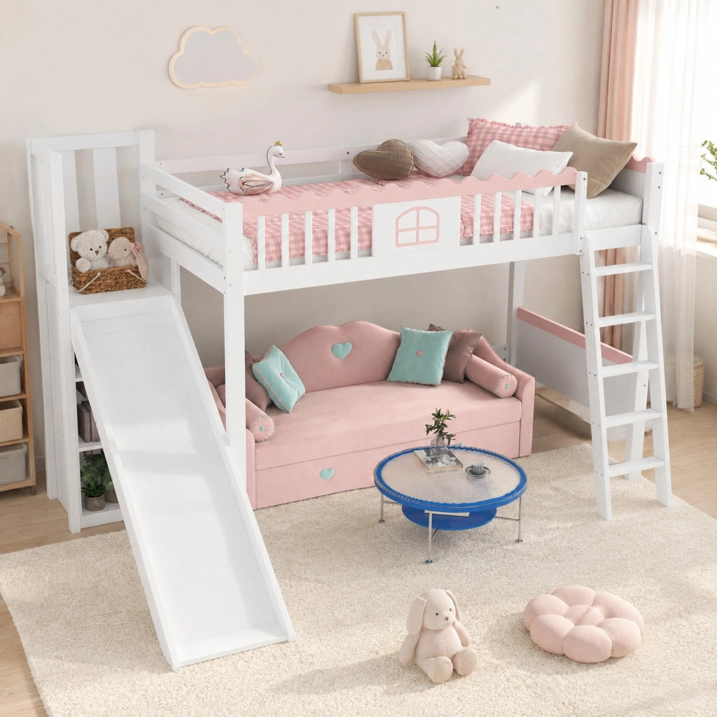 Letto a soppalco per bambini 90 x 200 cm con scivolo, LED e ripiani