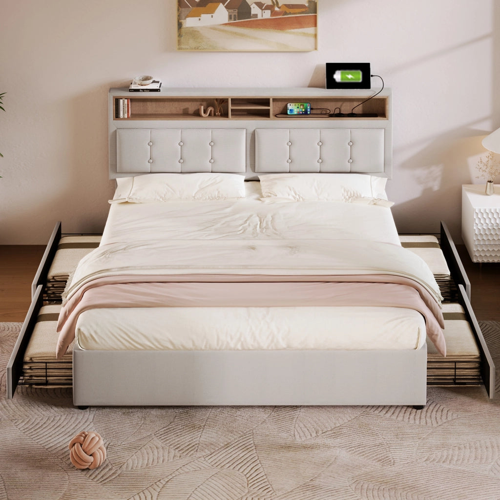 Letto Matrimoniale 140x200 cm con 4 Cassetti; USB; Type-C e Testiera Regolabile in Lino Beige