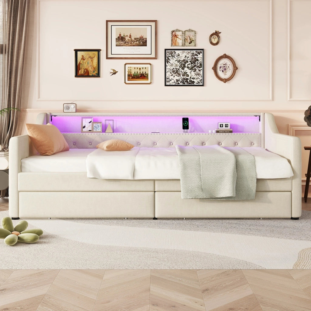 Letto con cassetti 90 × 200 cm con rete a doghe; LED con telecomando e presa USB; lino e MDF beige