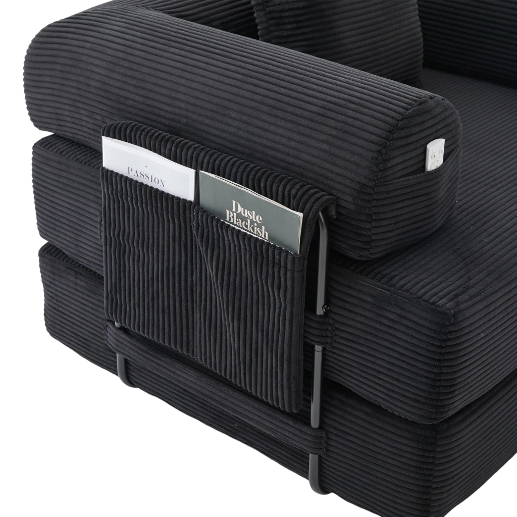 Divano modulare a 4 pezzi in corduroy nero con struttura in metallo, tasca laterale e 3 cuscini per soggiorno moderno