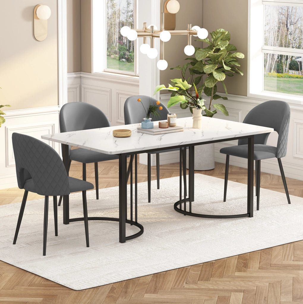 Set tavolo da pranzo 140x80 cm con 4 sedie in velluto grigio e piedini regolabili