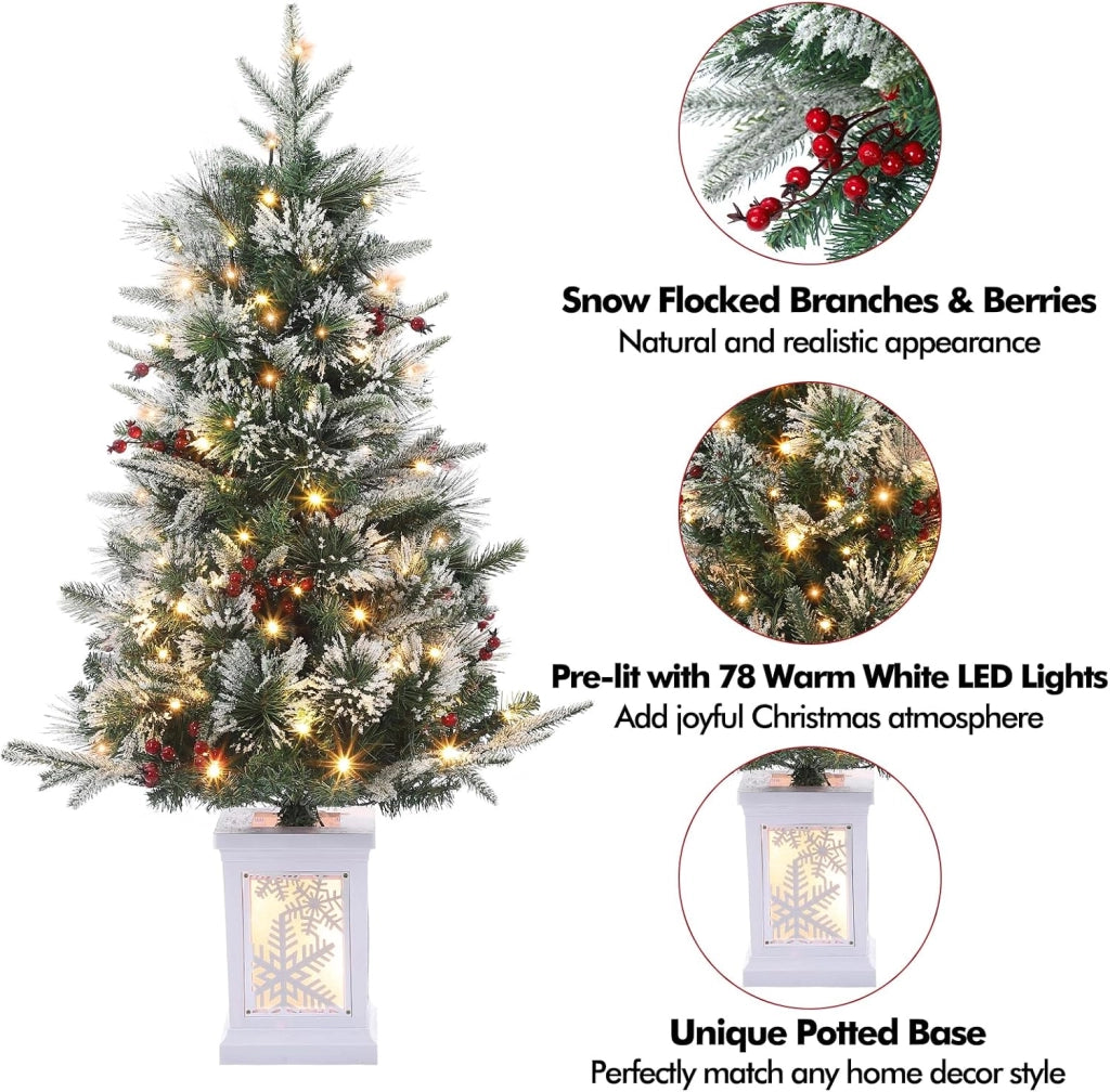 Albero di Natale da Interno 90cm con 78 LED Luce Calda 8 Modi e Base Fiocco Luminoso