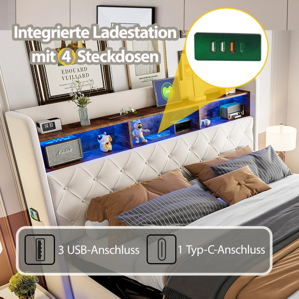 Letto matrimoniale imbottito 180 × 200 cm con LED USB vano contenitore idraulico in lino beige