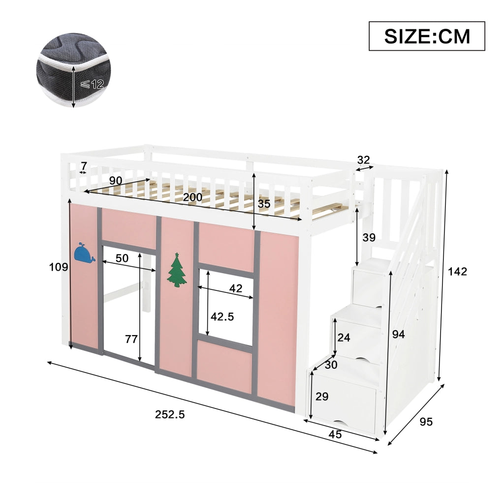 Letto a soppalco per bambini 90 × 200 cm con scala contenitore, LED, pino e MDF, bianco e rosa