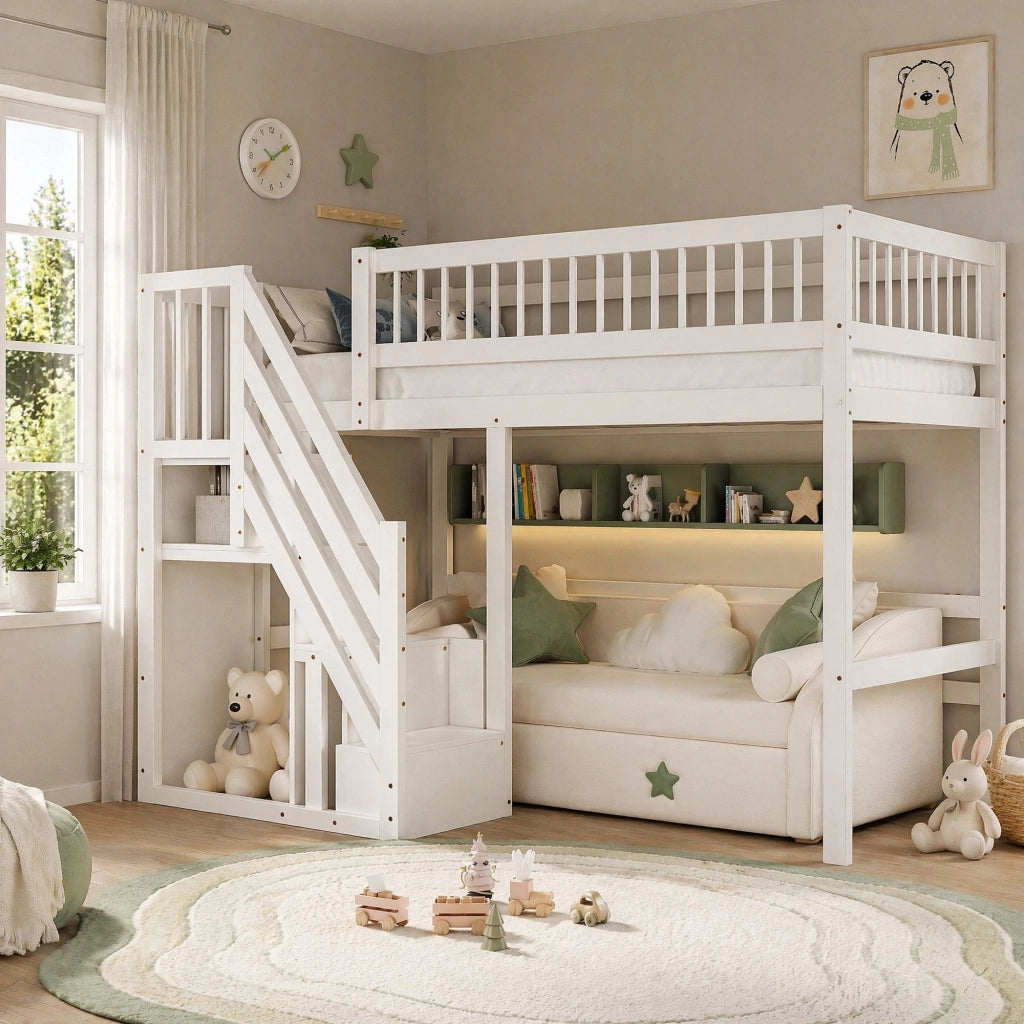 Letto a soppalco singolo 90x200 cm con scala contenitore; bianco