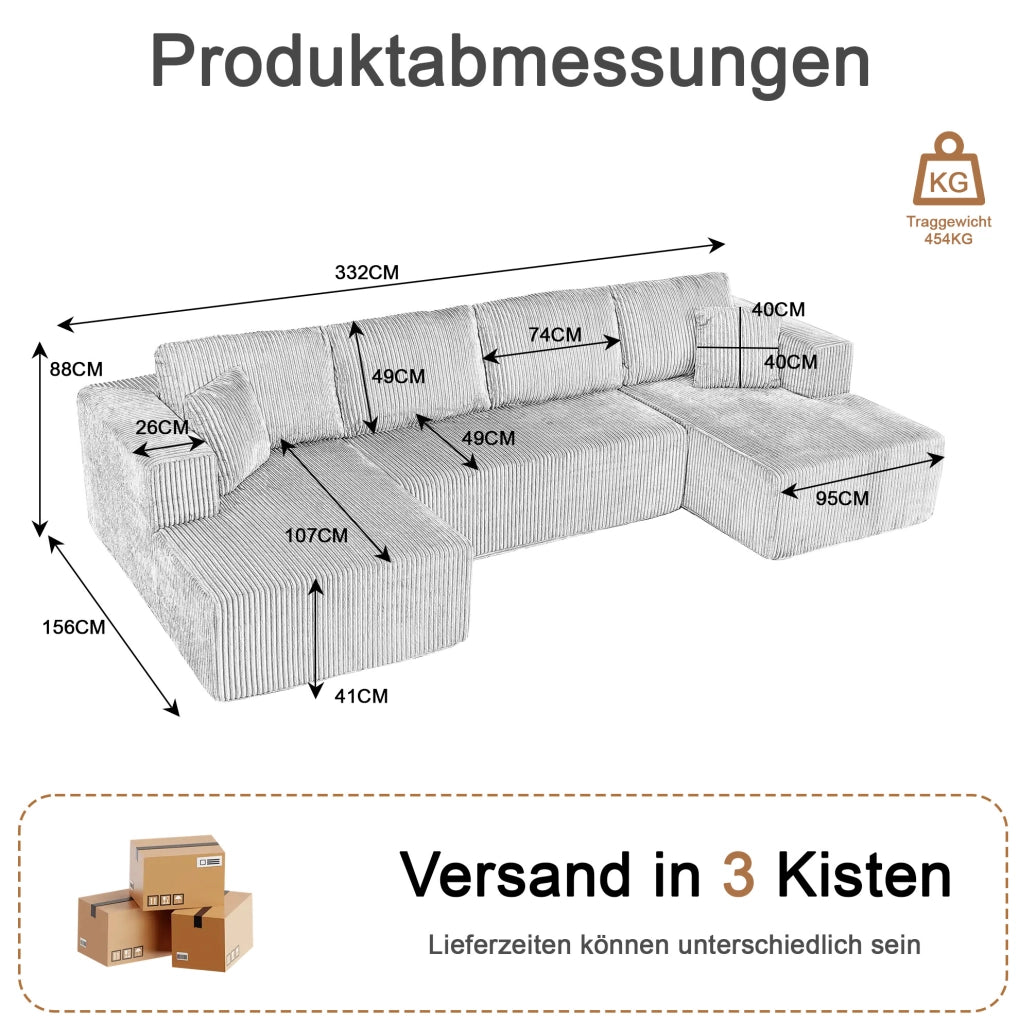 Divano modulare a forma di U in tessuto lampo, 332x156x88 cm, con cuscini grandi e piccoli