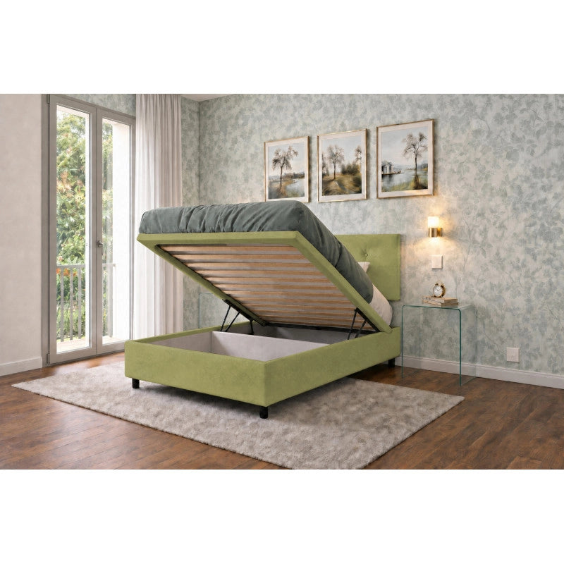 Letto imbottito Singolo 80x190 cm Button - Contenitore,Microfibra,Tè verde