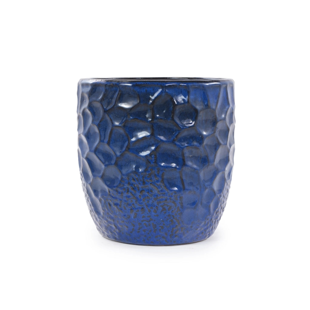 Vaso in ceramica artigianale Ø38 cm blu profondo lucido con rilievo martellato, traspirante e resistente al gelo con foro di drenaggio per piante da interno ed esterno