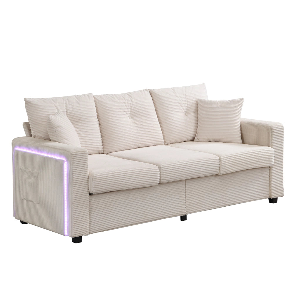 Divano 3 posti angolare con ottomana removibile illuminazione LED controllabile tramite app in velluto a coste beige
