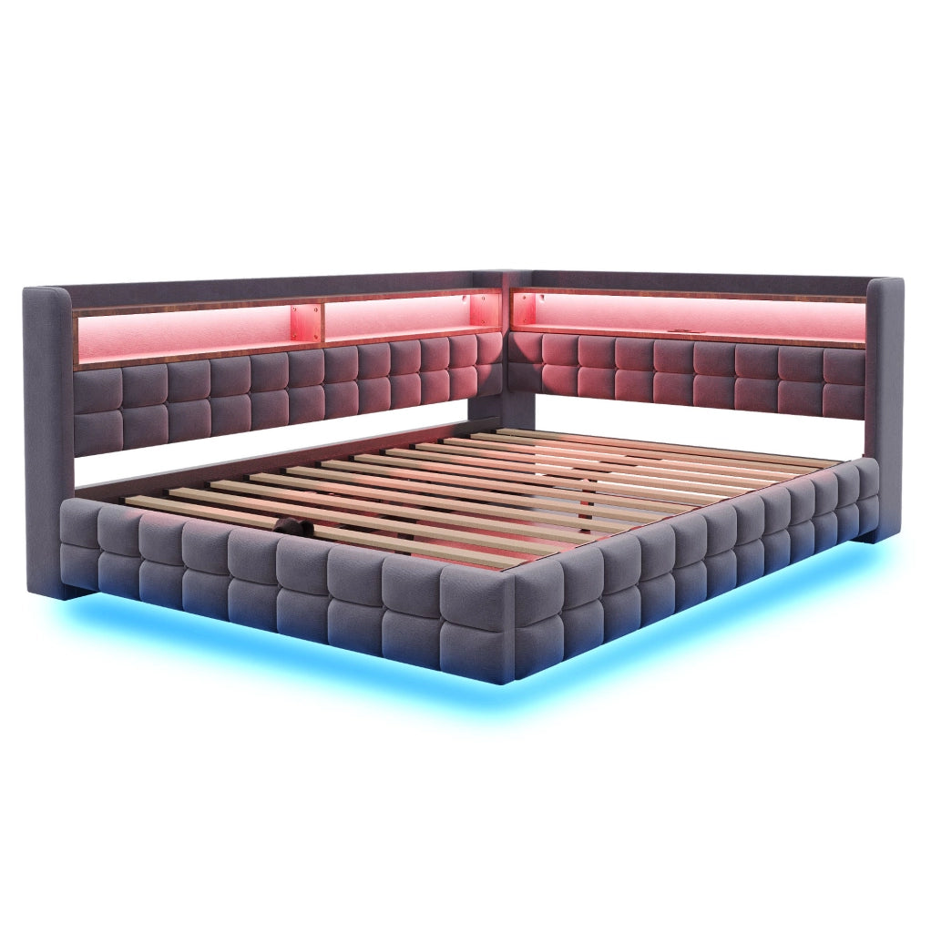 Divano letto imbottito con contenitore; LED; prese USB e Type-C; 140x200 cm; grigio