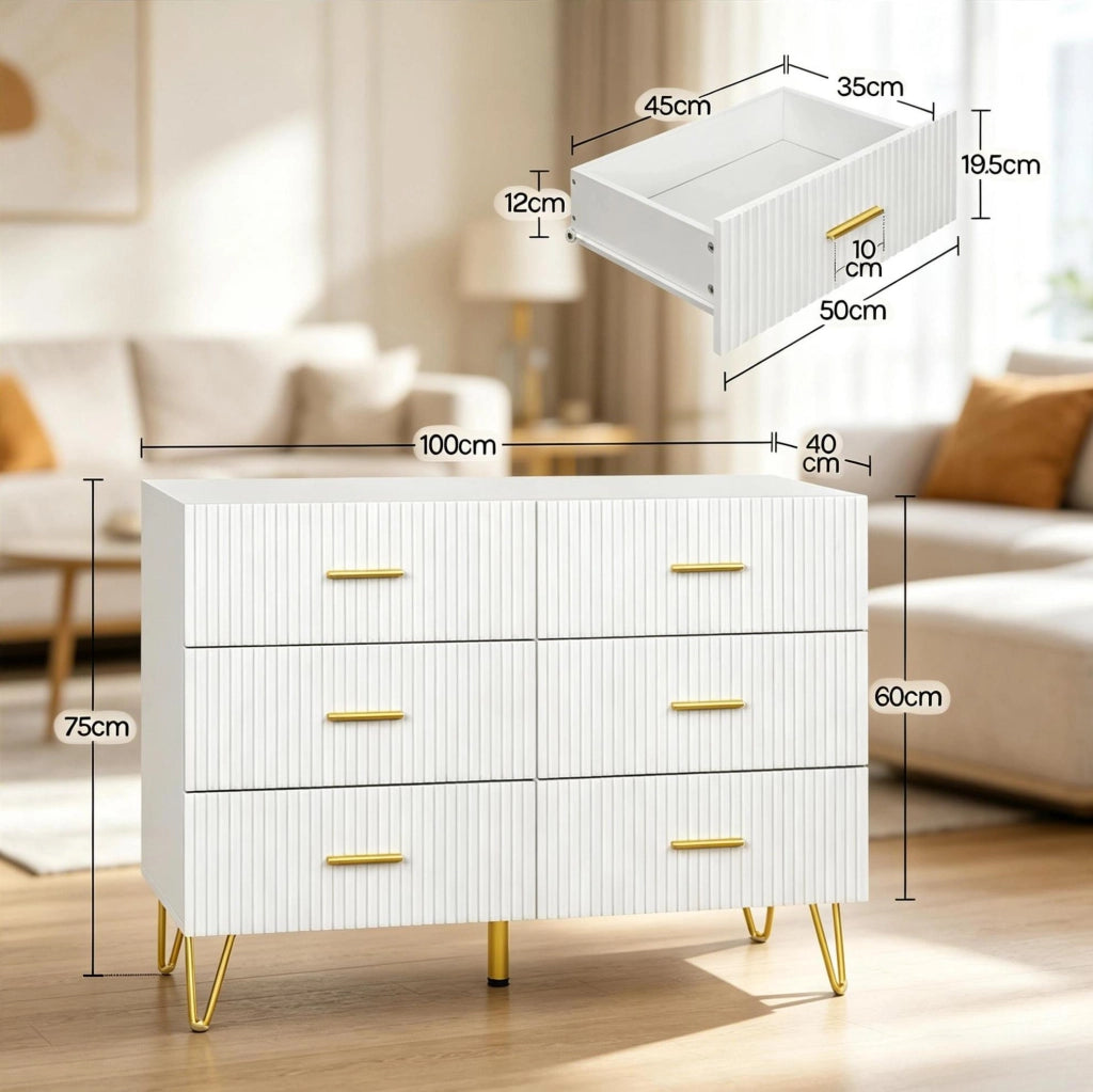 Cassettiera bianca e oro con 6 cassetti 100x40x75 cm