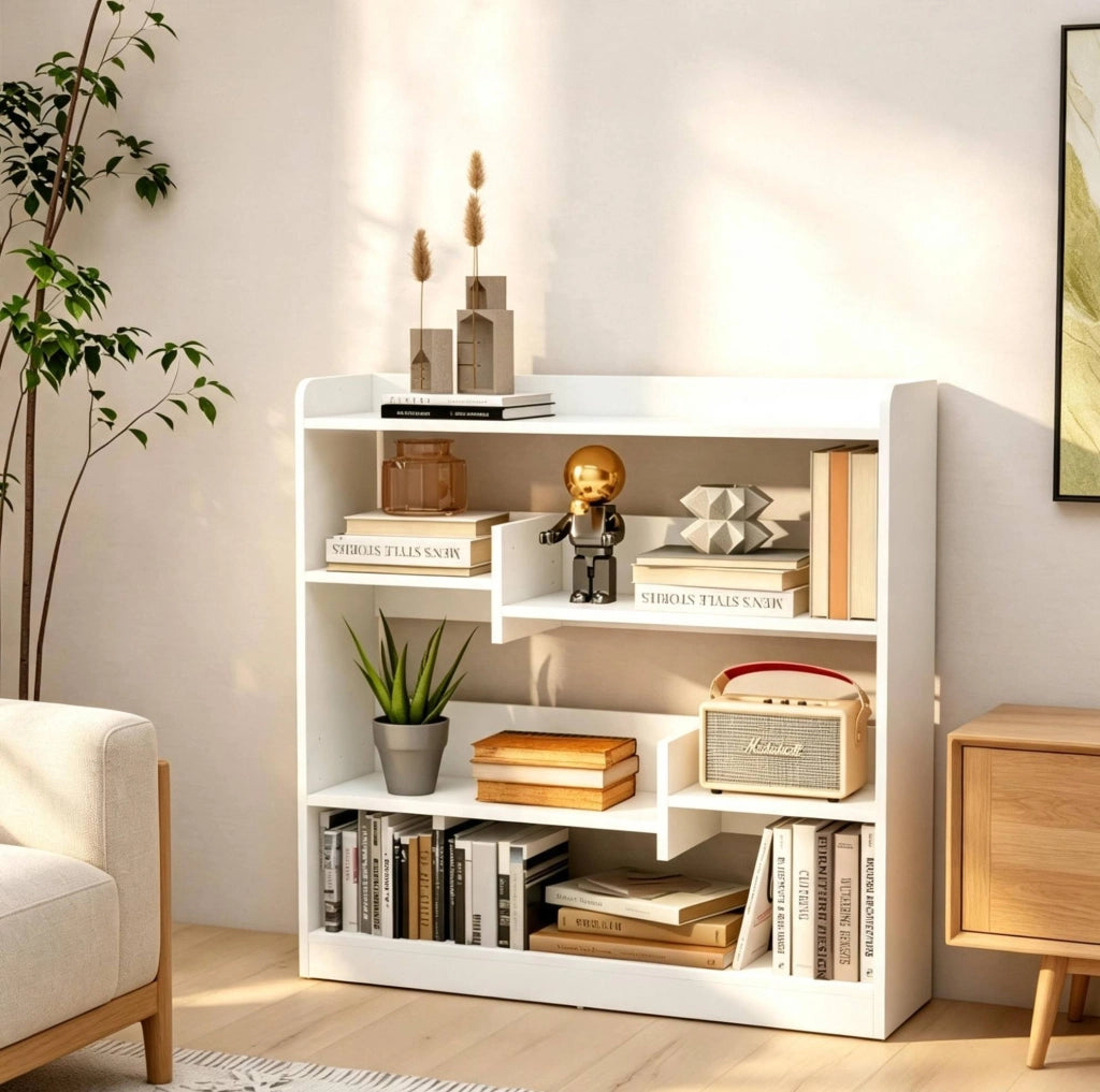 Libreria moderna bianca in truciolato E1, 90x24x91 cm, con 4 ripiani regolabili