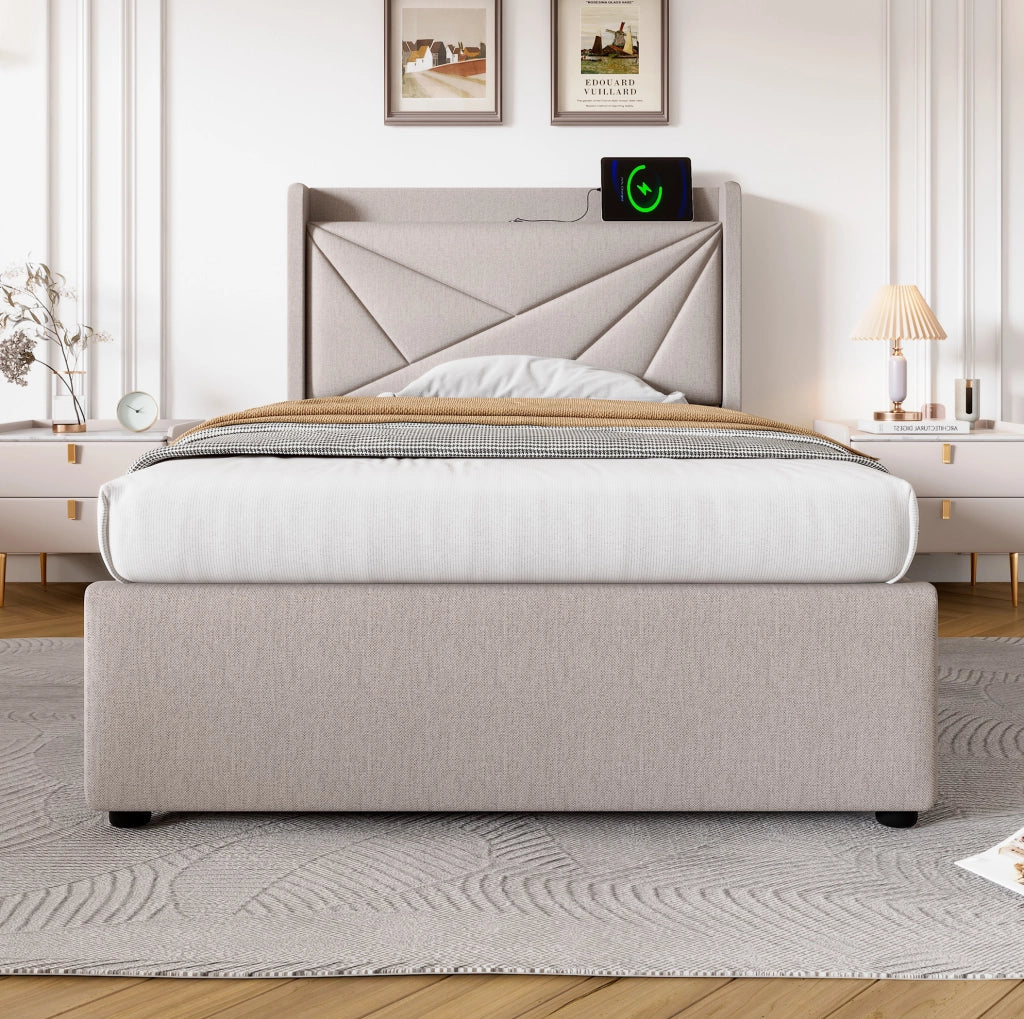 Letto singolo 90x200 cm con contenitore, USB e USB-C in cotone e lino beige