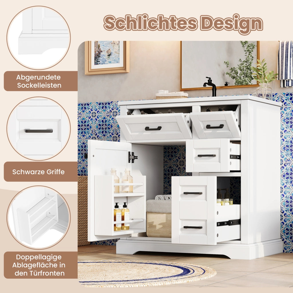 Mobiletto con lavabo integrato a terra con 4 cassetti e anta soft-close in ceramica e MDF bianco 76 × 47 × 82 cm