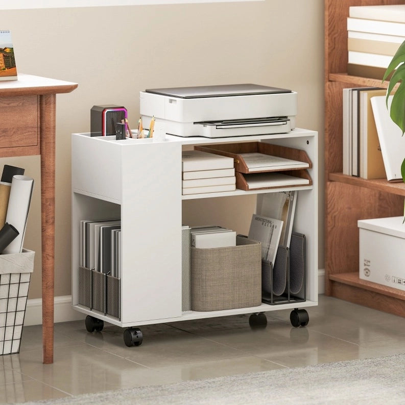 Carrello per Stampante Bianco Compatto 70x34x60 cm con Ruote e Ripiani