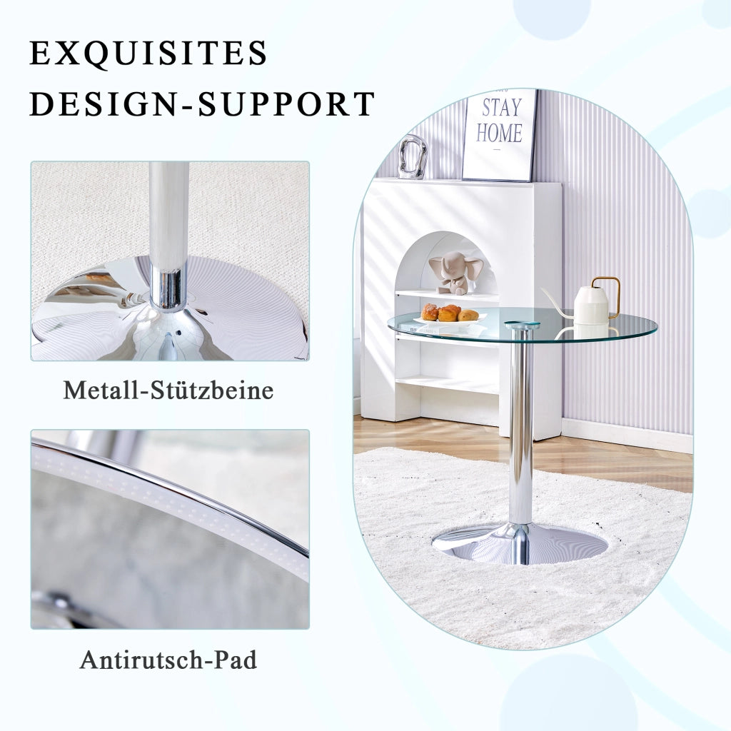 Tavolo alto da bar con piano rotondo in vetro trasparente e base in metallo argento diametro 85 cm altezza 76 cm