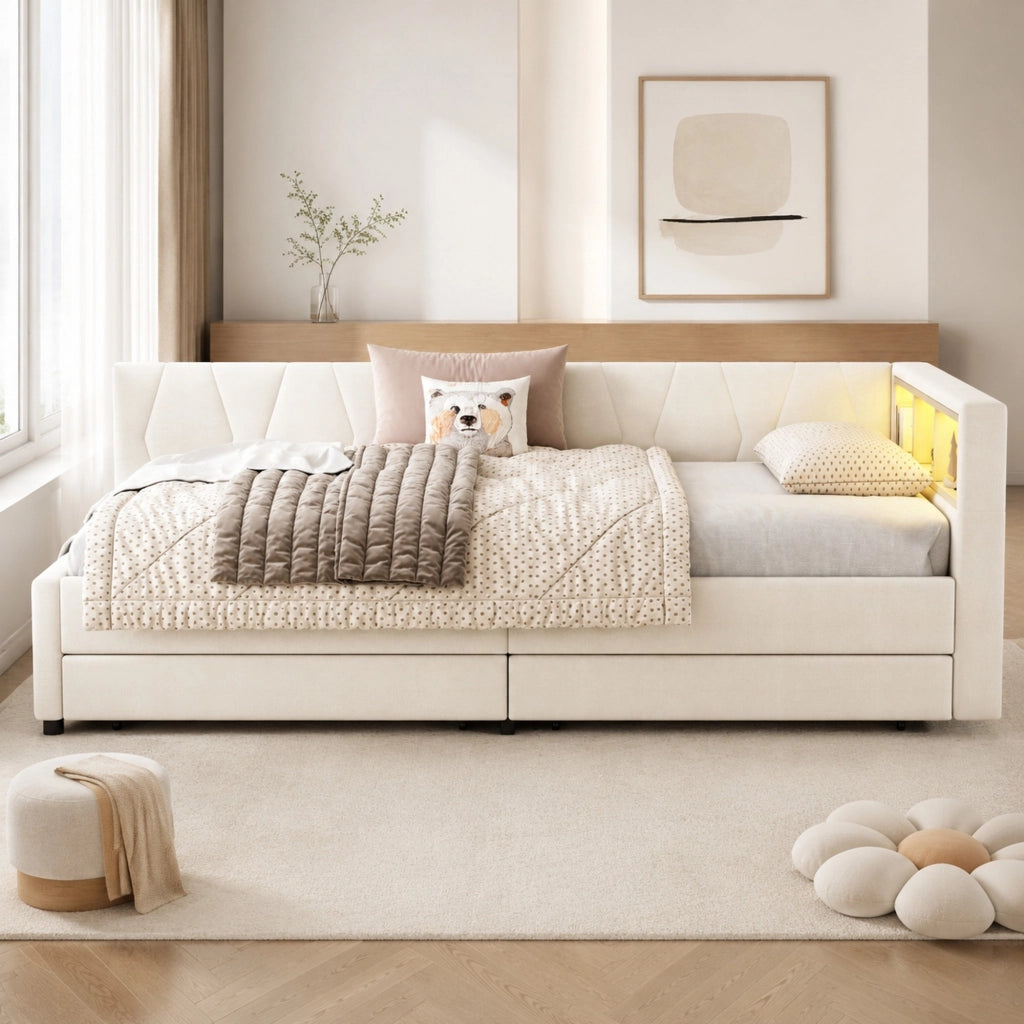 Letto da giorno 90x200 cm beige con LED, USB-C e cassetti