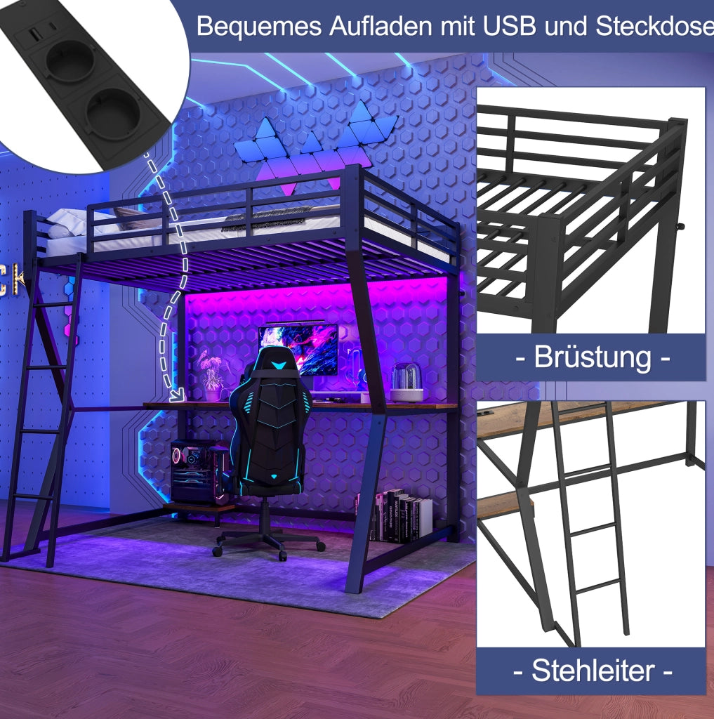 Letto a soppalco 140x200 cm con struttura in ferro, mensola computer, scrivania, LED, prese e USB, scala e ringhiera, nero, senza materasso