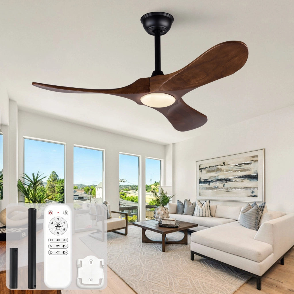 Ventilatore da soffitto in legno massello da 42 pollici con illuminazione LED dimmerabile e telecomando, 3 pale, 6 velocità, per soggiorno e camera da letto