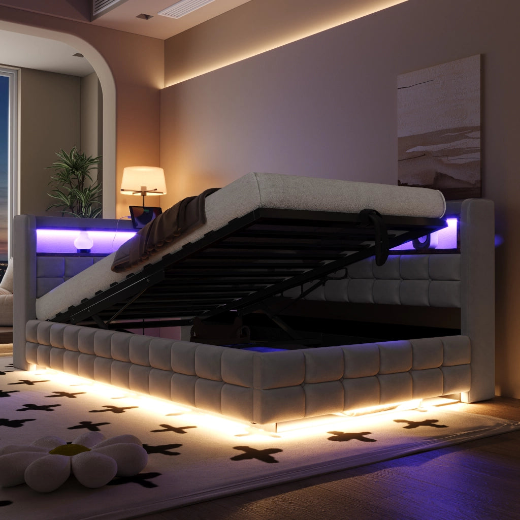 Divano letto 90 × 200 cm con vano contenitore idraulico; ripiani; LED; prese USB e Type-C in velluto grigio chiaro