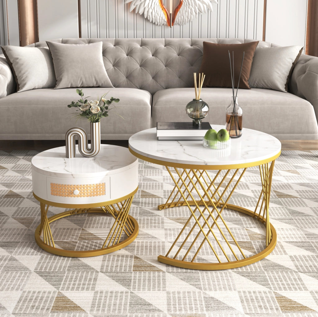 Set di 2 tavolini rotondi in MDF con cassetto; bianco e oro