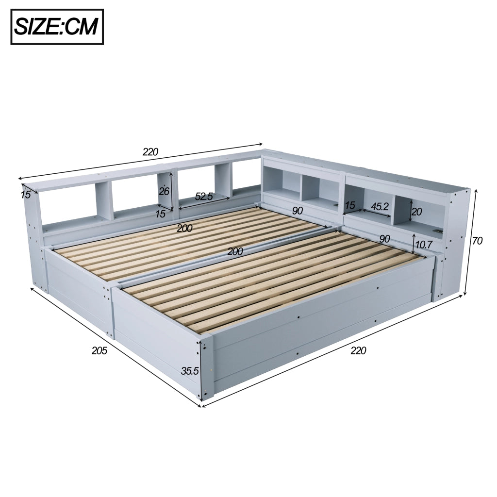 Letto matrimoniale 180×200 cm e 90×200 cm con presa; LED e contenitore; senza materasso; MDF; grigio
