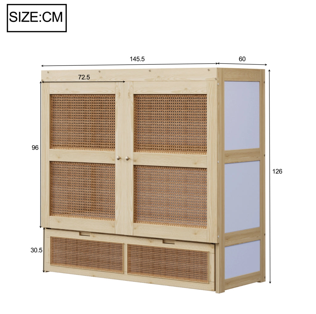 Letto a scomparsa 140x200 cm con struttura in legno color legno e cassetti contenitori, design con rattan, letto singolo salvaspazio