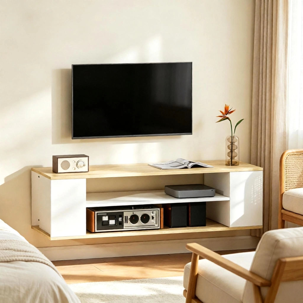 Mobile porta TV con ruote 120 cm bianco e naturale