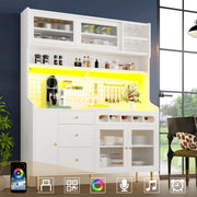 Armadio alto bianco 145x39x171 cm per soggiorno, cucina e sala da pranzo con ripiani regolabili, illuminazione LED, cassetto e portabottiglie