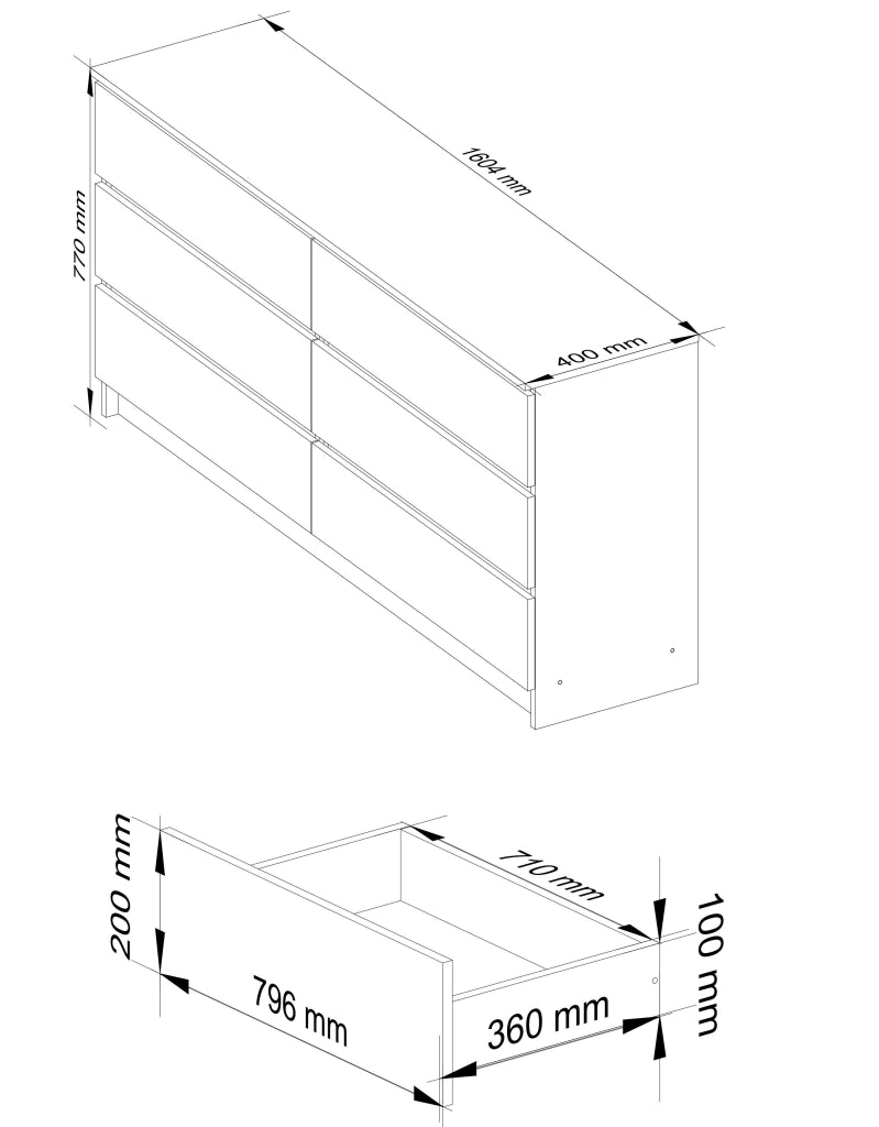 Cassettiera AKORD K160 Bianca 160 cm 6 cassetti 160x40x77 cm