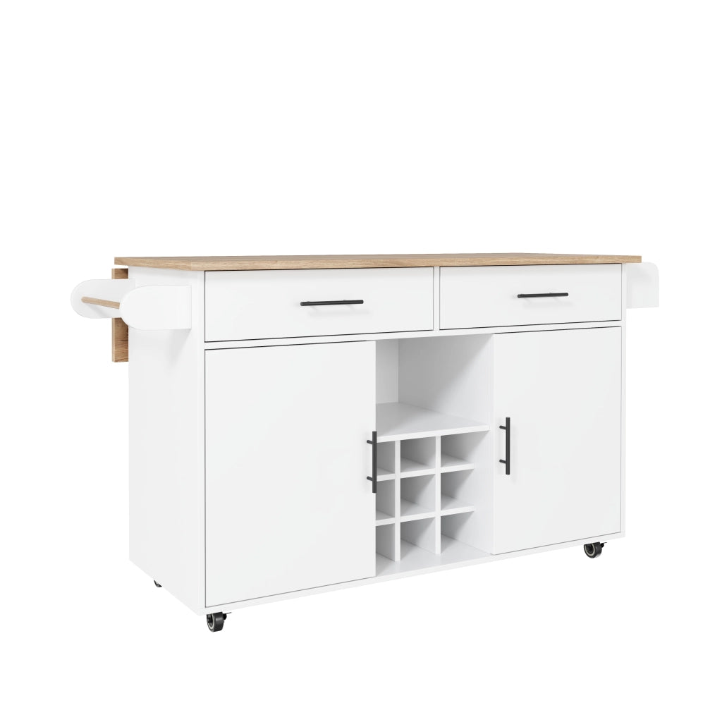 Isola cucina mobile 120x45x84 cm con piano pieghevole; 2 cassetti; portabottiglie e ruote; bianca