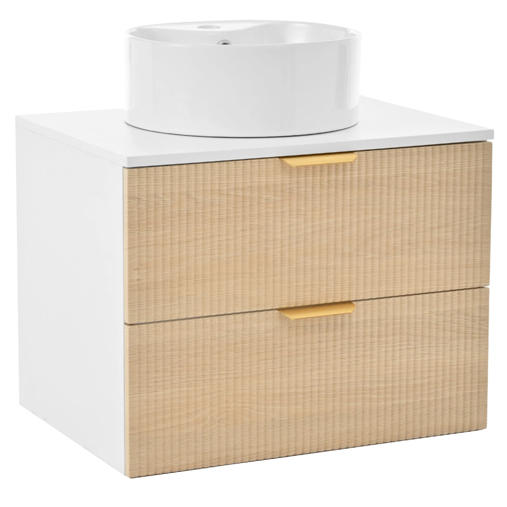 Mobile bagno 60 cm sospeso con lavabo rotondo in ceramica; 2 cassetti; MDF; effetto legno naturale