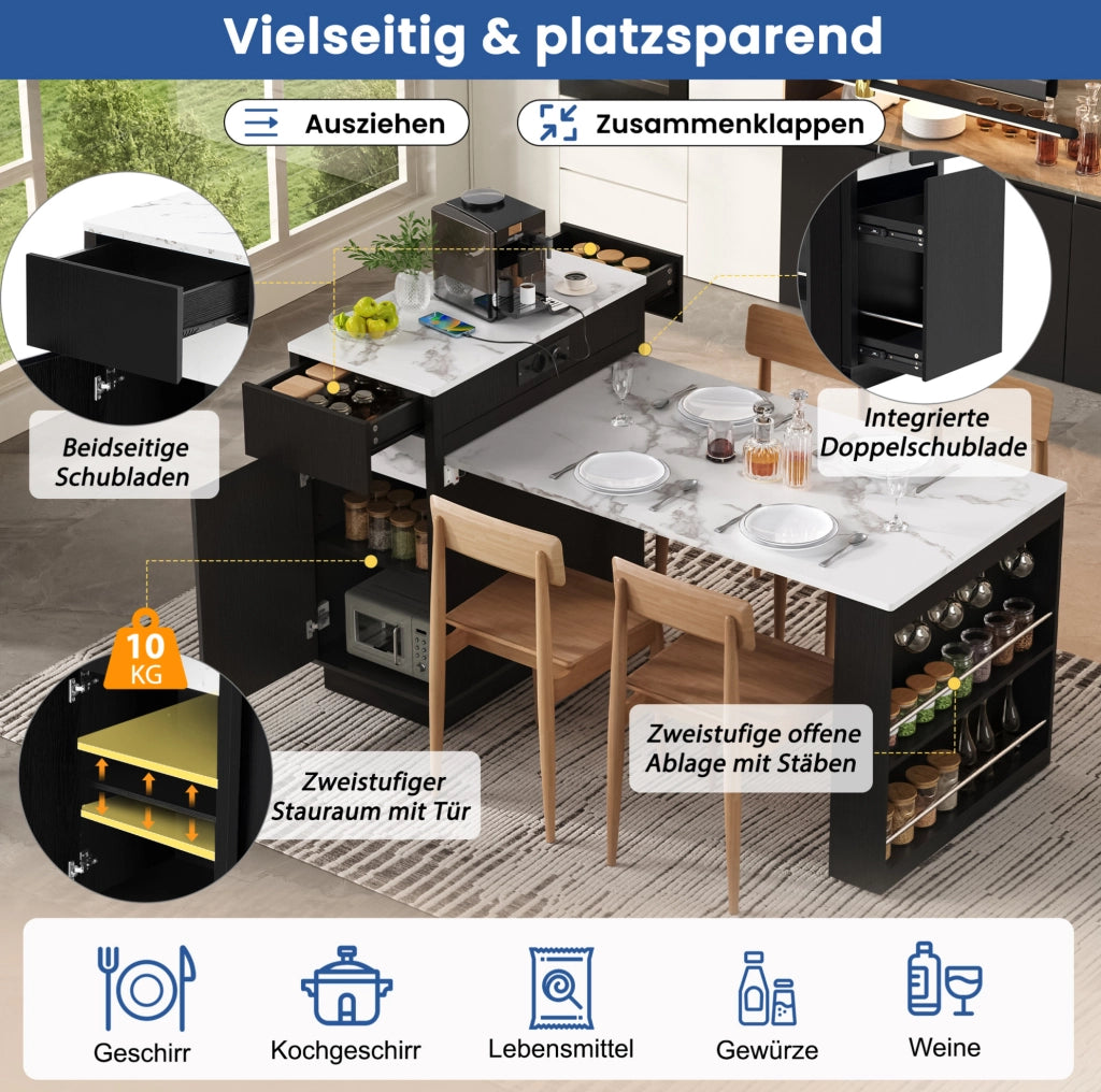 TAVOLO da Cucina Estensibile 58-154x80,5x94 cm Nero MDF con LED e USB/Type-C