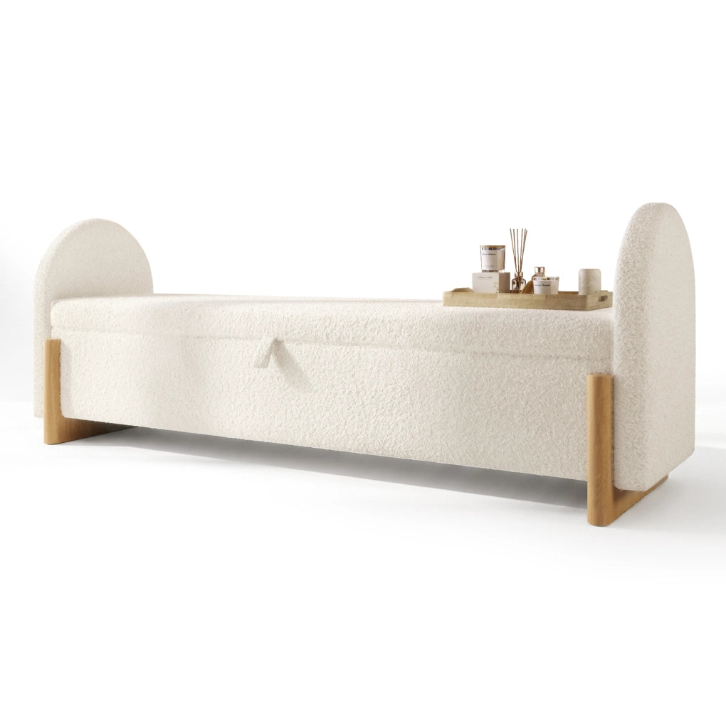 Panca contenitore 146x47x61 cm in boucl¨¦ con MDF e legno massello, bianca