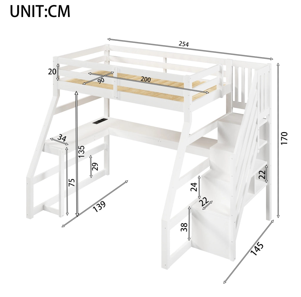 Letto a soppalco in legno 90x200 cm con scrivania; scala con contenitore e LED; bianco