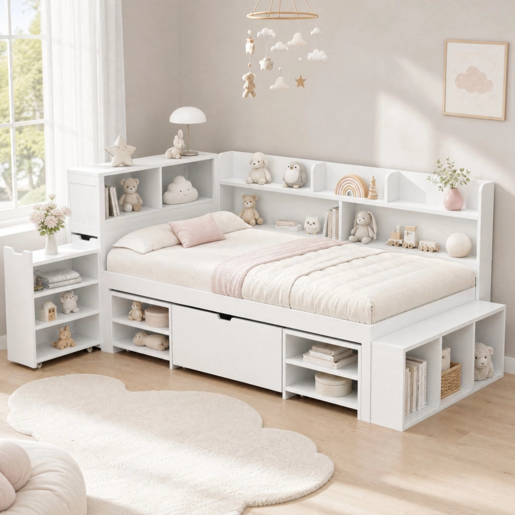 Letto con cassetti 90 × 200 cm con armadio e libreria in compensato bianco