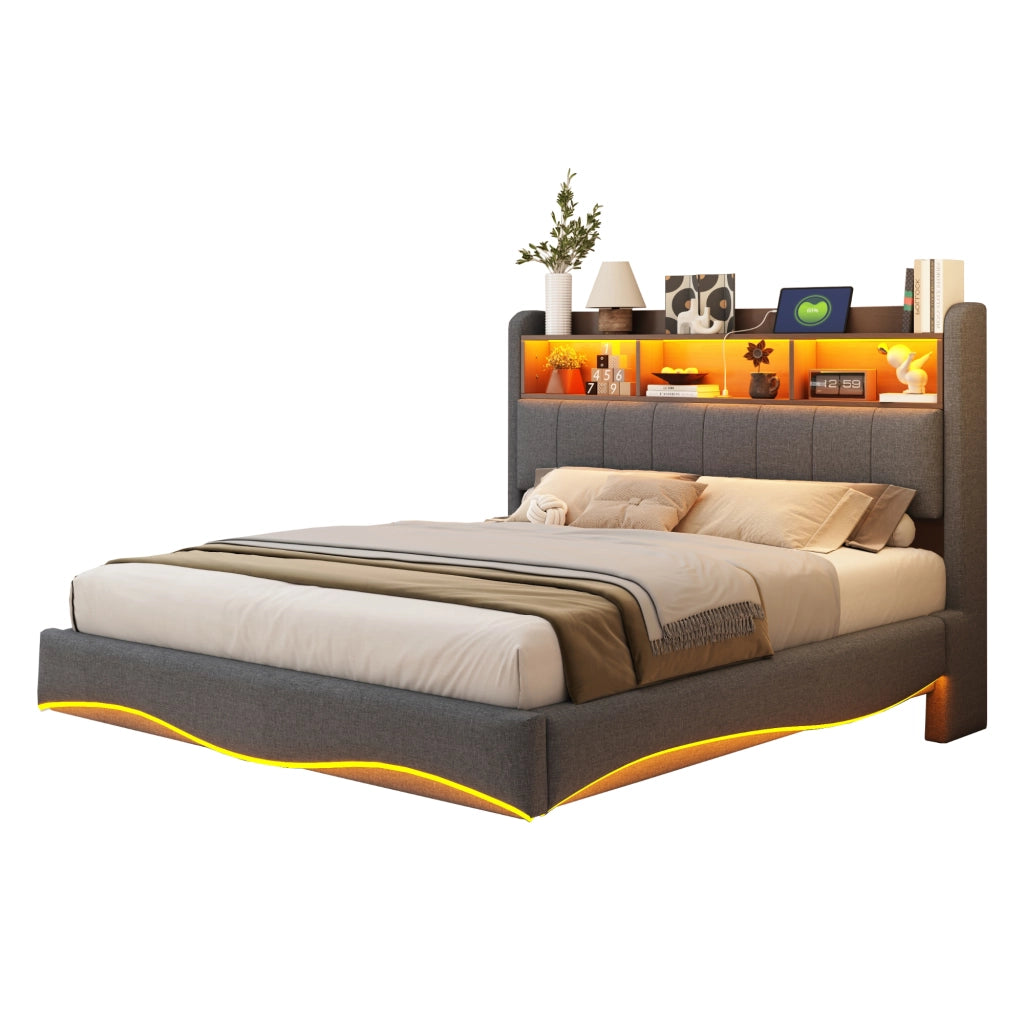 Letto imbottito sospeso 140x200 cm con LED; USB e porta Tipo-C; grigio