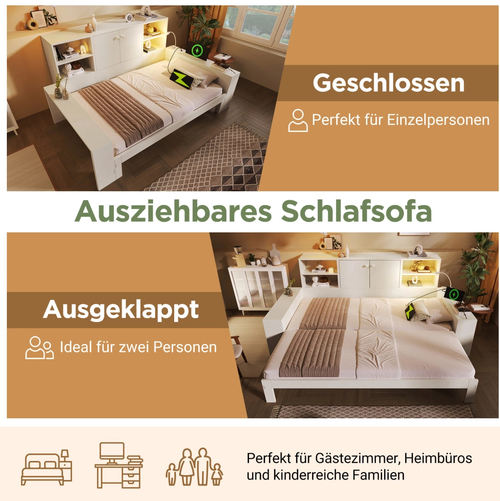 Letto salvaspazio 90x200 cm bianco con letto estraibile, spazio contenitivo, doppie porte e porte USB/USB-C – letto singolo e giorno senza materasso