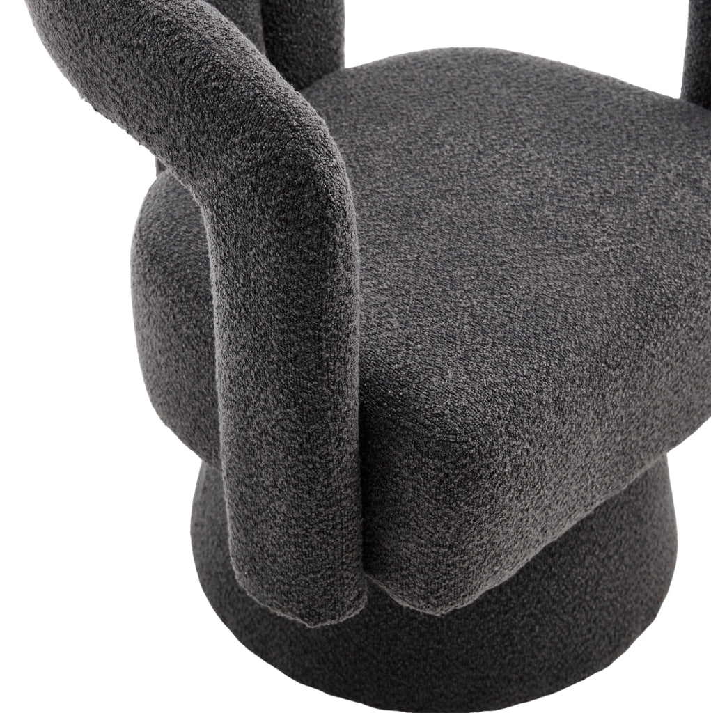 Poltrona girevole a 360°, tessuto bouclé grigio scuro, struttura in legno massello e metallo, 67x55x74 cm