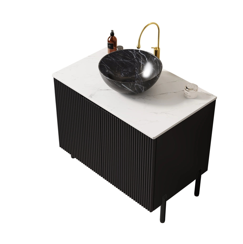 Mobile bagno freestanding 76 cm nero con lavabo in ceramica effetto pietra e top Carrara