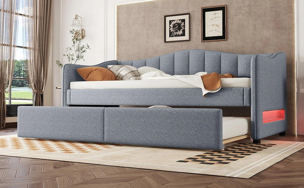 Daybed grigio in lino 90x200 cm con letto estraibile, luce LED ambiente regolabile e rete a doghe, senza materasso