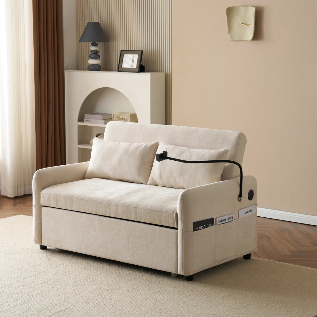 Divano letto estraibile a 2 posti con schienale reclinabile; USB; tasche laterali; beige