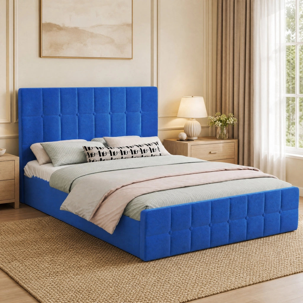 Letto imbottito per materasso 140 × 200 cm con testiera integrata rivestito in velluto blu navy