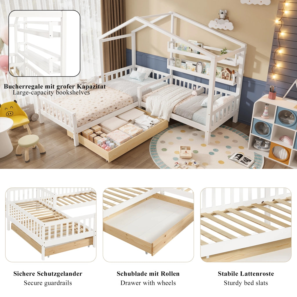 Letto a casetta 90 × 200 cm struttura a L con cassetto su ruote ripiani rete a doghe in legno bianco