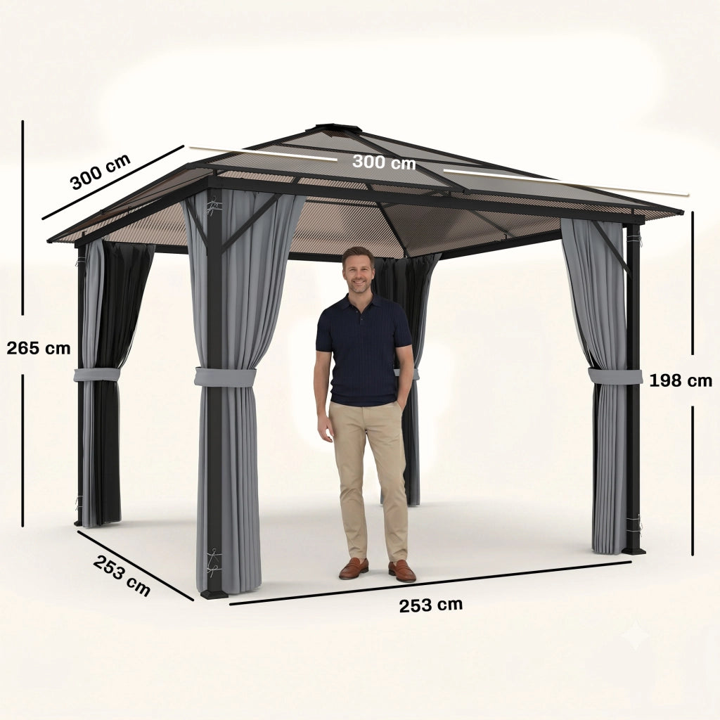Gazebo da giardino 3 x 3 m con tetto in policarbonato, struttura in alluminio grigio scuro e tende con zanzariera, resistente e pratico