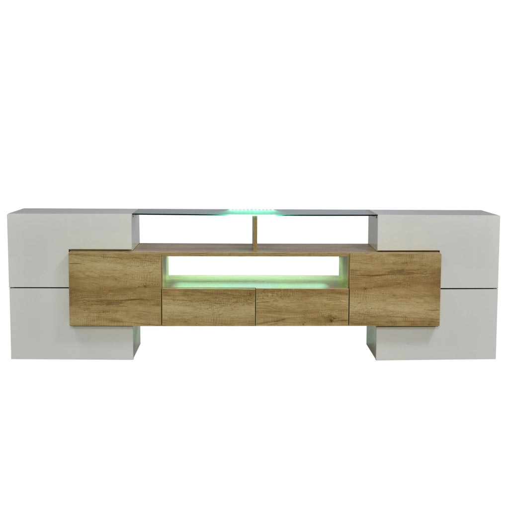 Mobile TV 200 cm con LED multicolore in MDF e truciolare bianco lucido e color legno