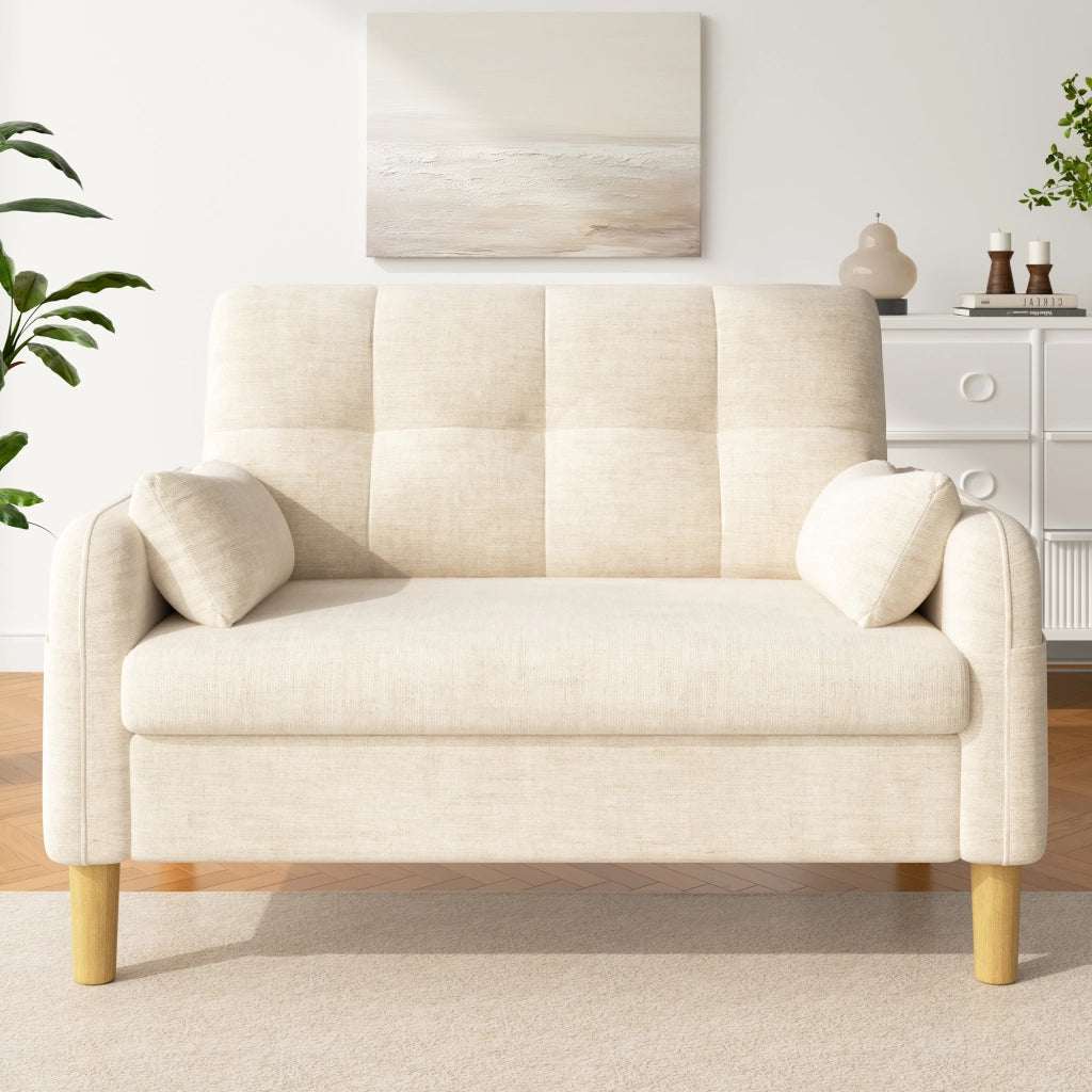 Divano 2 posti con cuscini e tasca laterale in chenille beige 119 × 78 × 85 cm