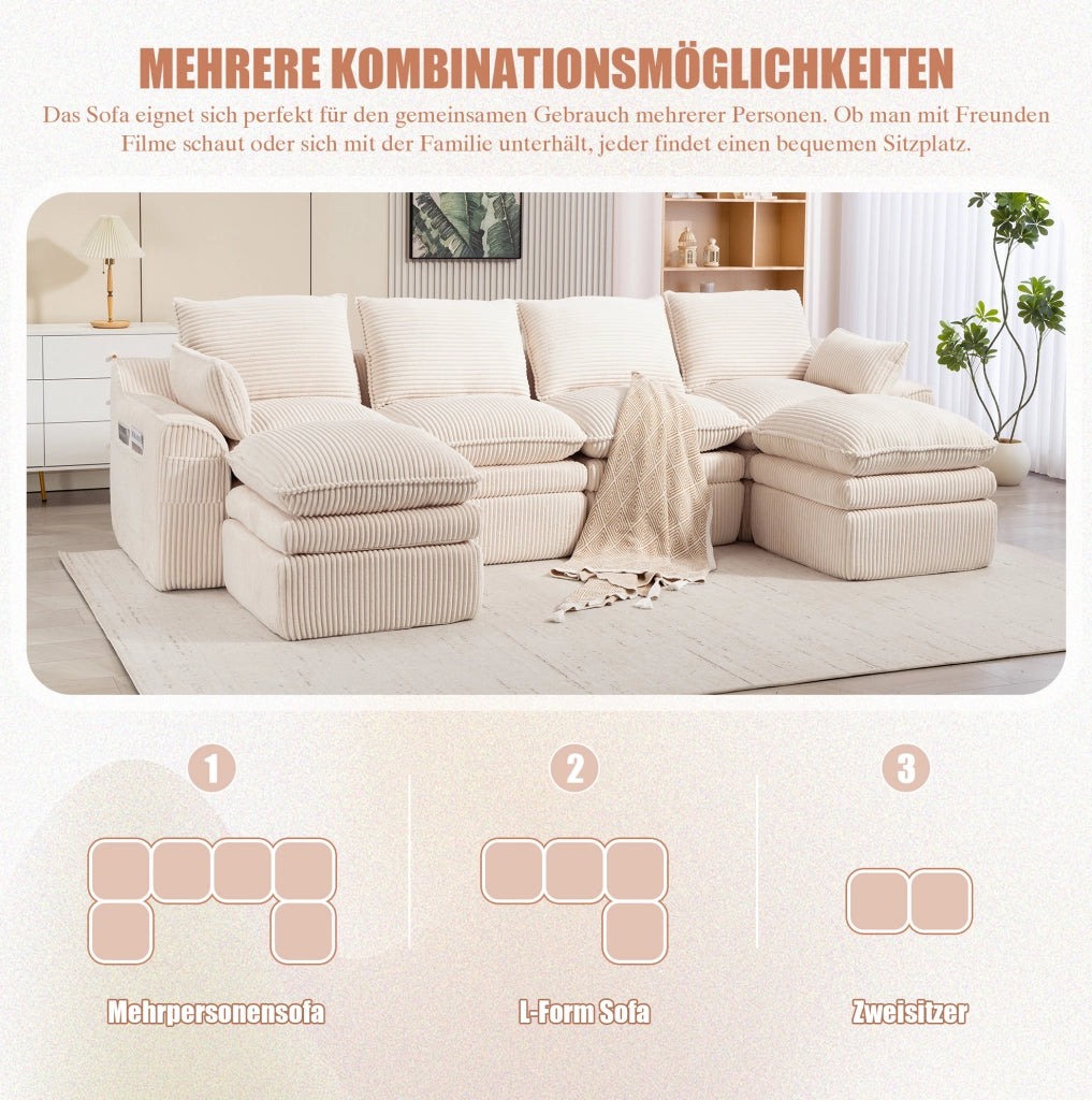 Divano modulare in velluto a coste beige con tasche laterali e cuscini