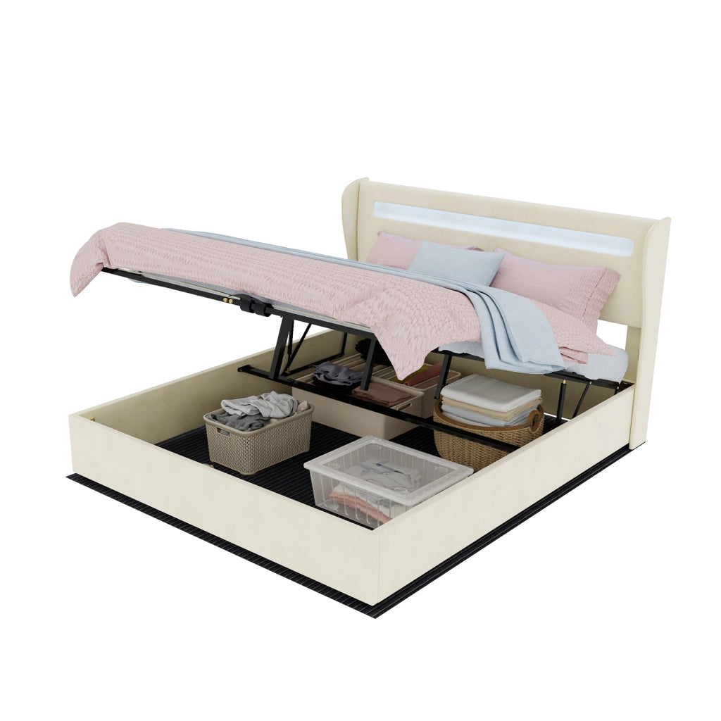 Letto matrimoniale 160 × 200 cm 2 posti con LED regolabile e testiera regolabile, senza materasso, beige