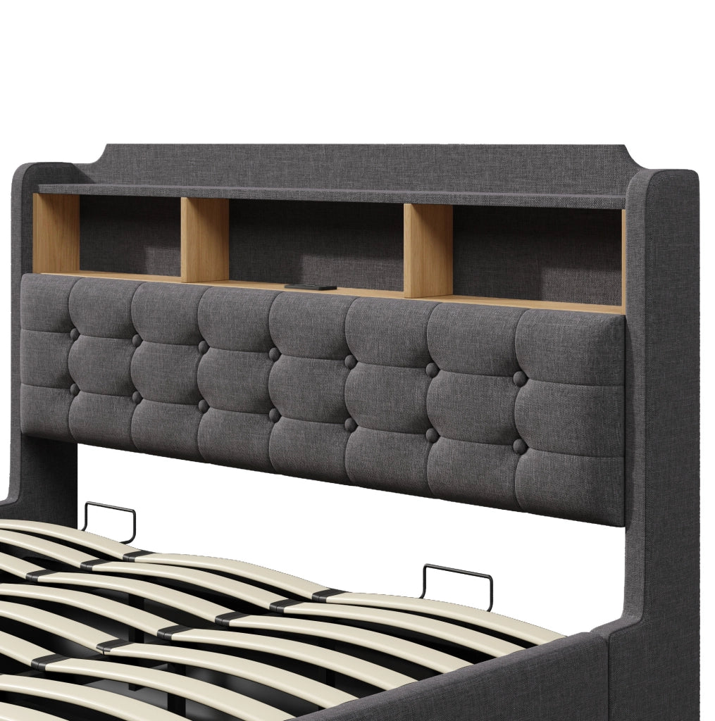 Letto matrimoniale imbottito 180x200 cm in lino grigio con LED; contenitore idraulico e USB-C HOMVRA